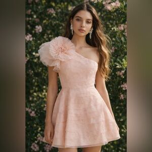 Anthro Maeve Blush One-Shoulder Rosette Organza Party Dress Size 4 Garden